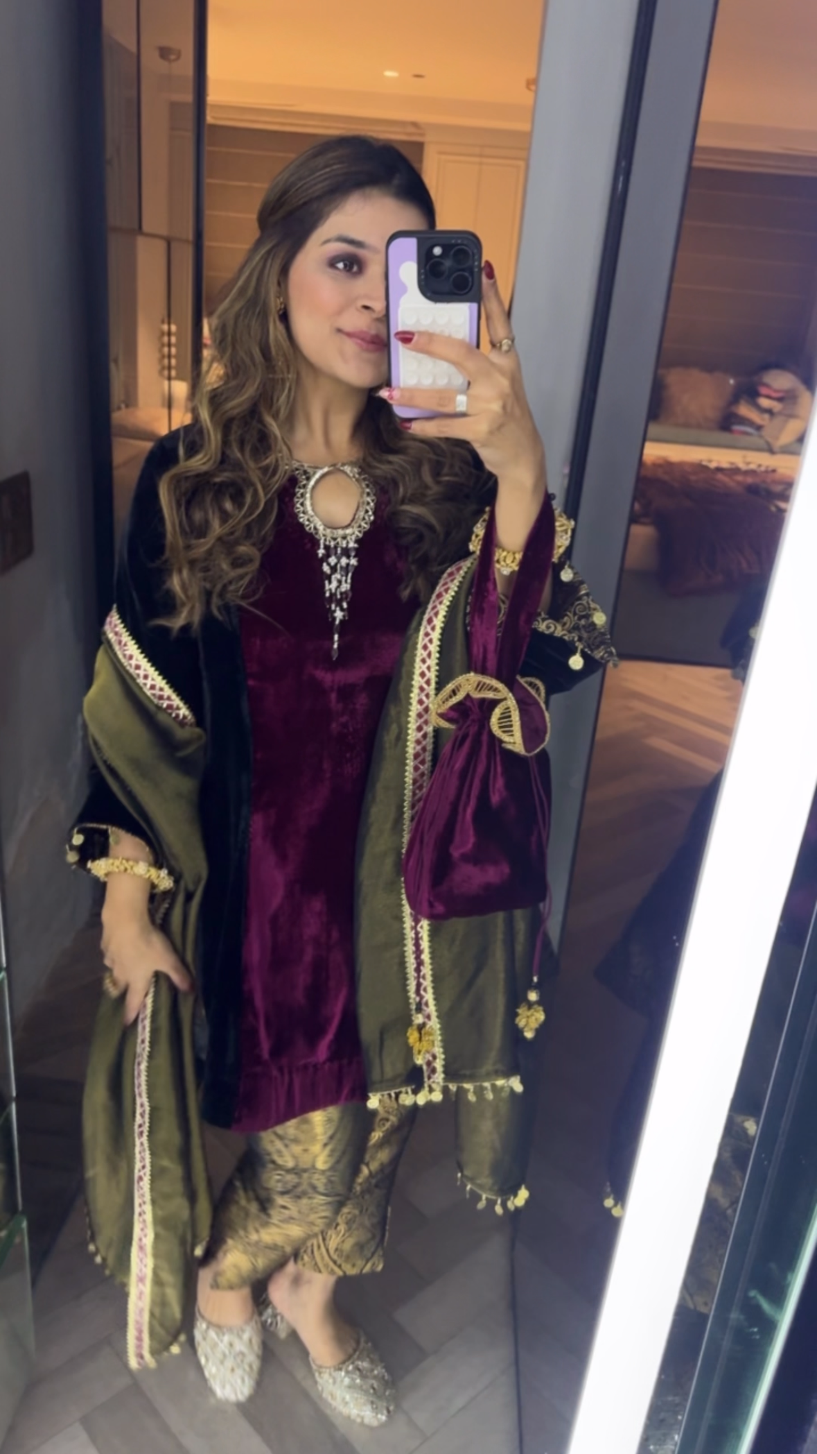 Wine Peplum Velvet Set with Brocade Pants