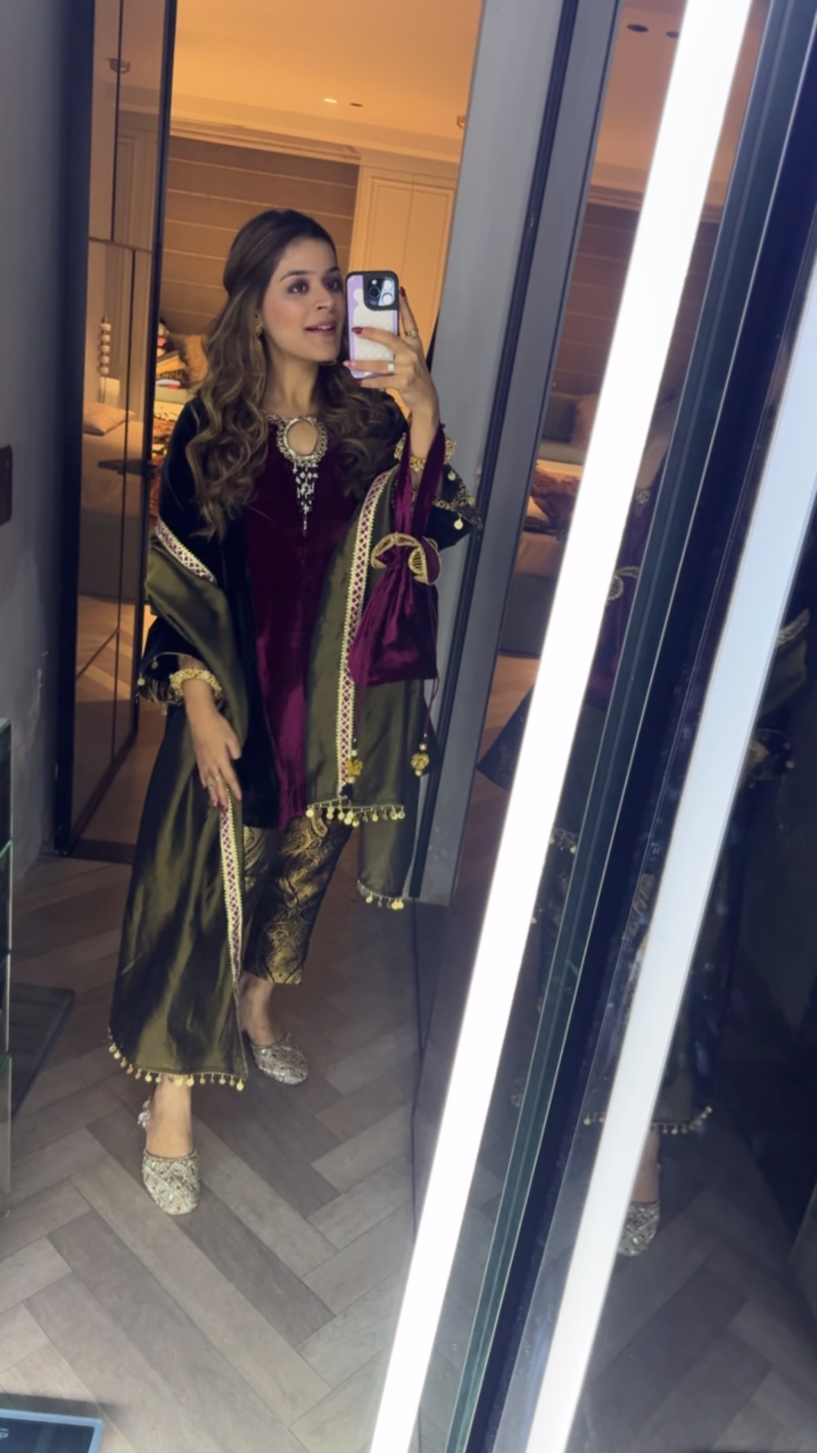 Wine Peplum Velvet Set with Brocade Pants