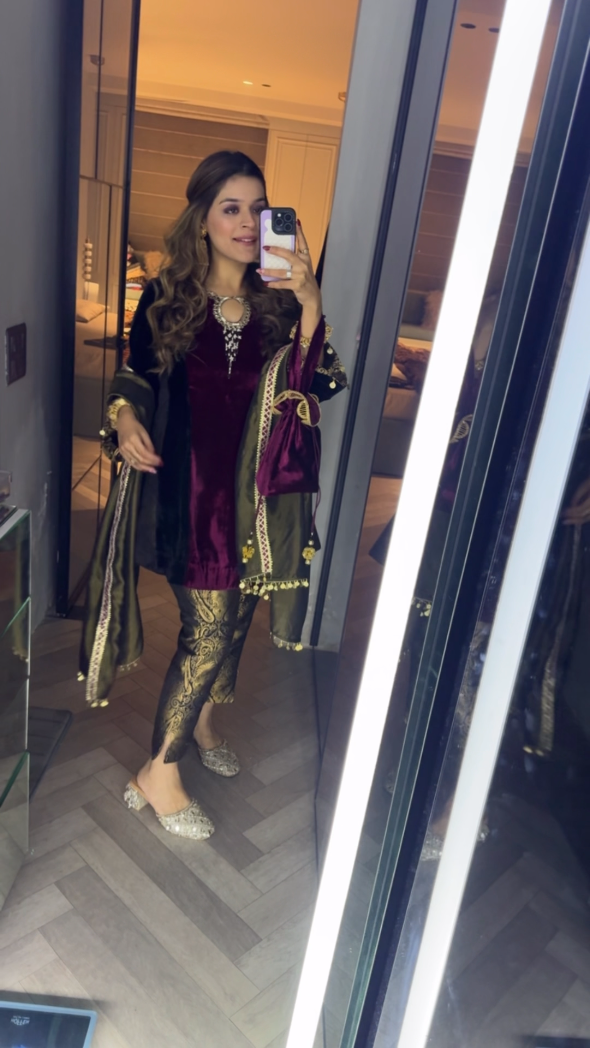 Wine Peplum Velvet Set with Brocade Pants