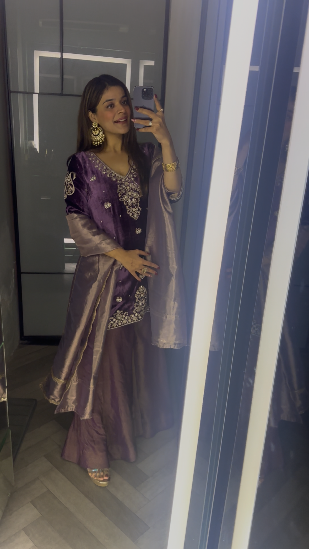 Purple Velvet Kurta and Tissue Garara Set