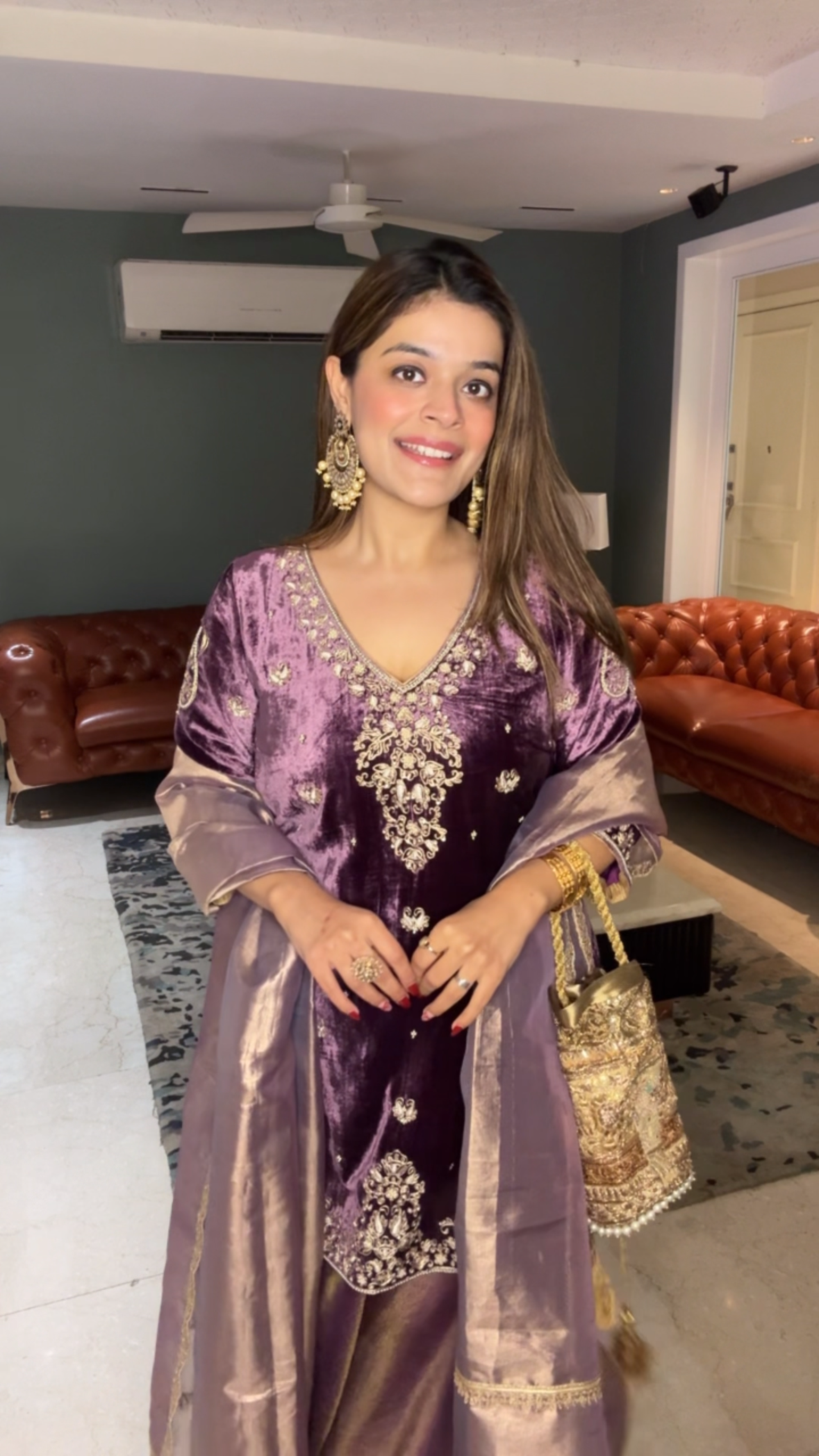 Purple Velvet Kurta and Tissue Garara Set