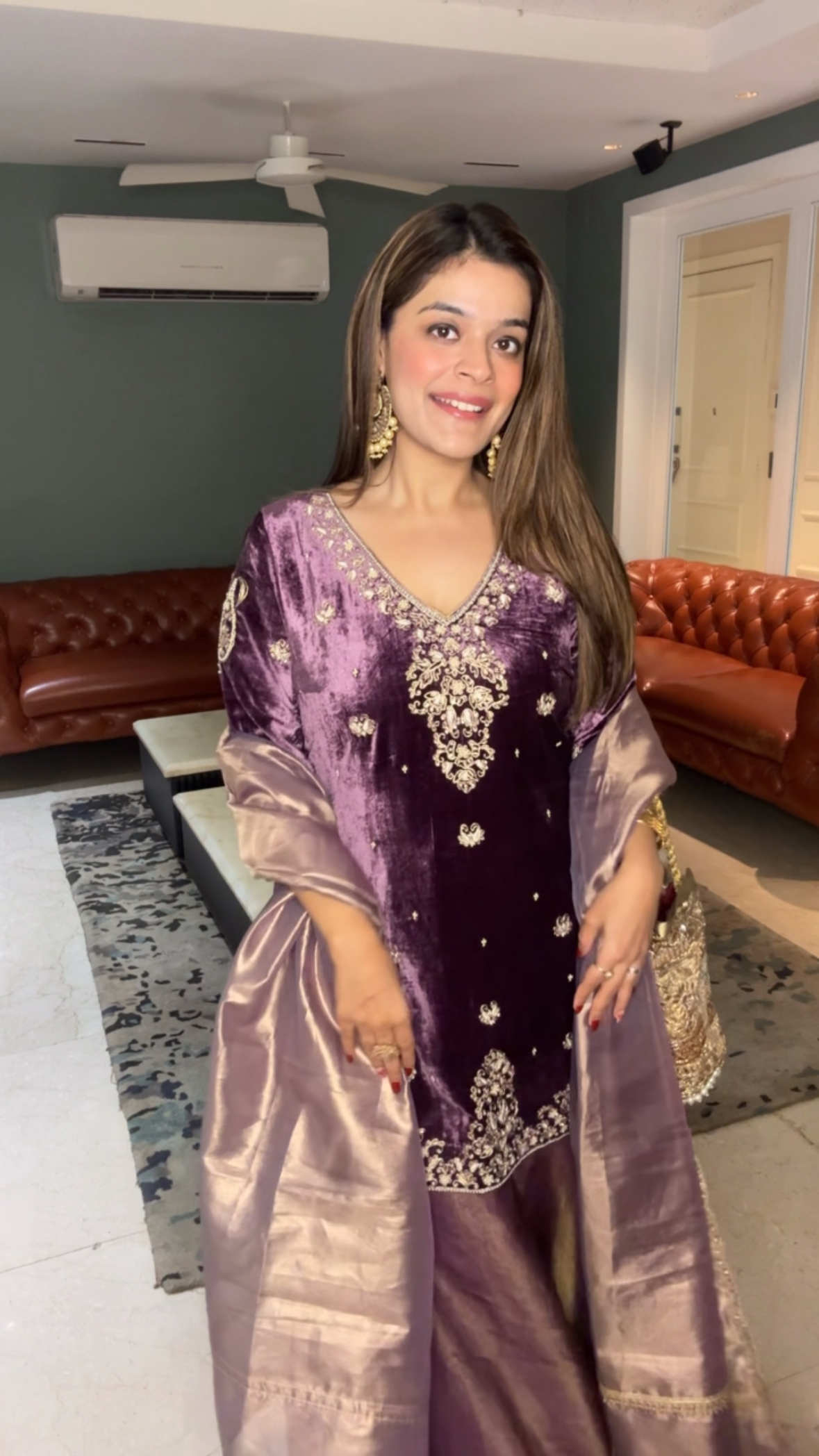 Purple Velvet Kurta and Tissue Garara Set