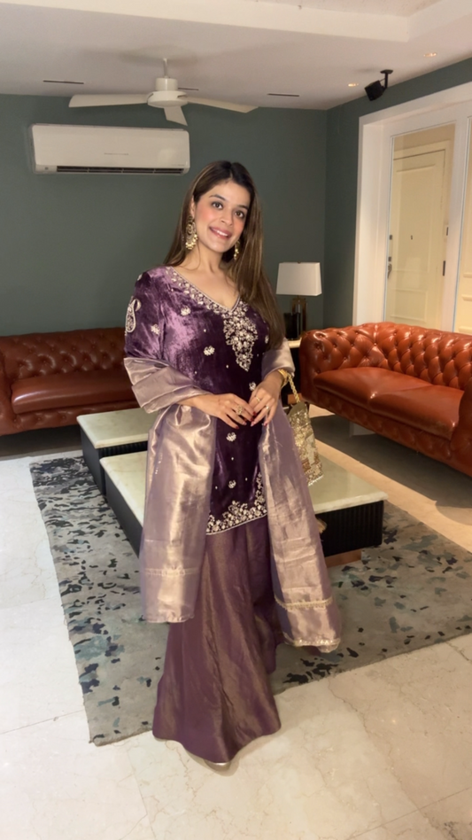 Purple Velvet Kurta and Tissue Garara Set