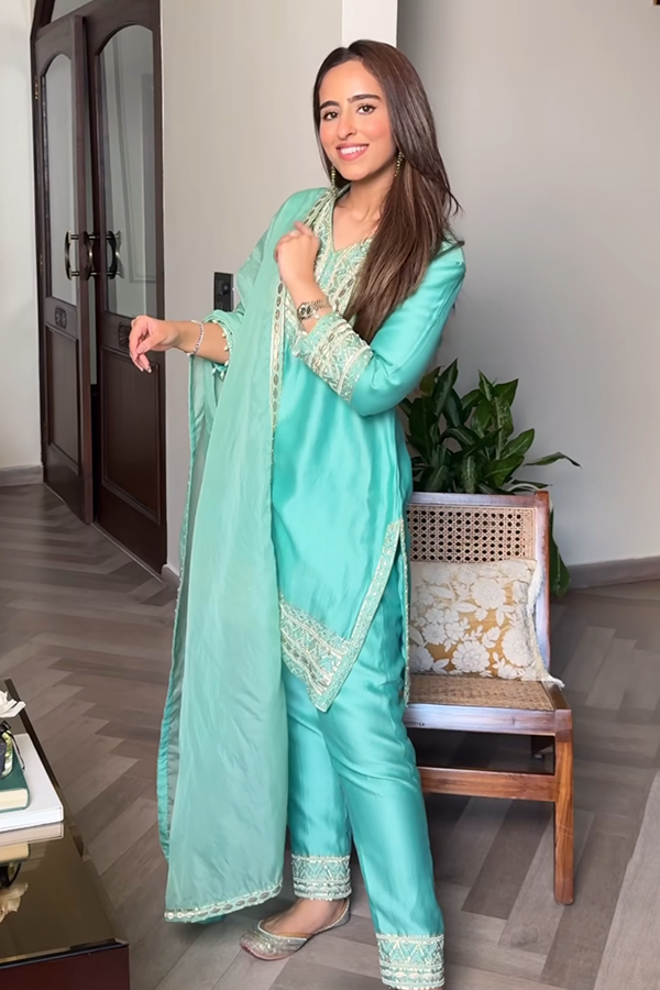 Smridhi Oberoi in Serene Aqua Embroidered Suit Set