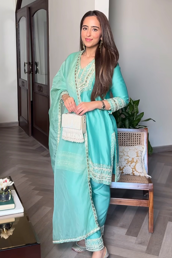 Smridhi Oberoi in Serene Aqua Embroidered Suit Set