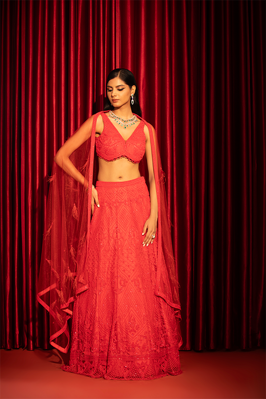 Scarlet Elegance Embroidered Lehenga with Sheer Cape Dupatta