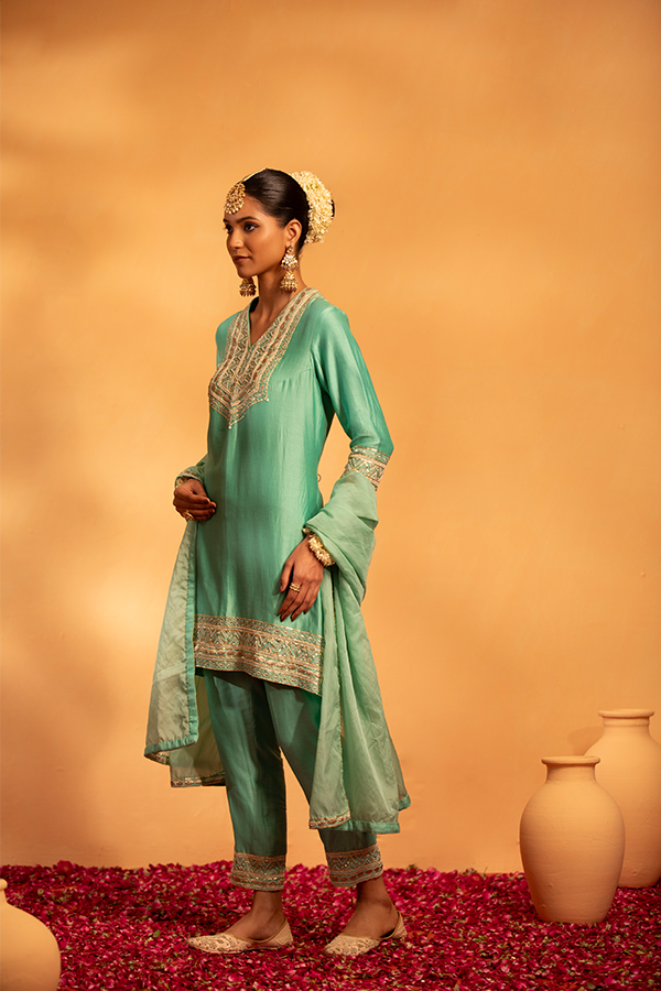 Serene Aqua Embroidered Suit Set