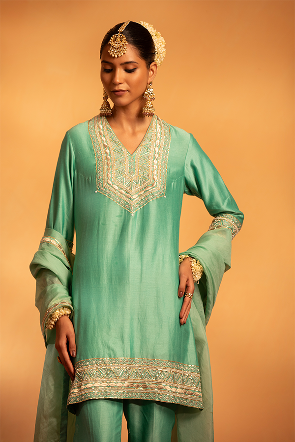 Serene Aqua Embroidered Suit Set