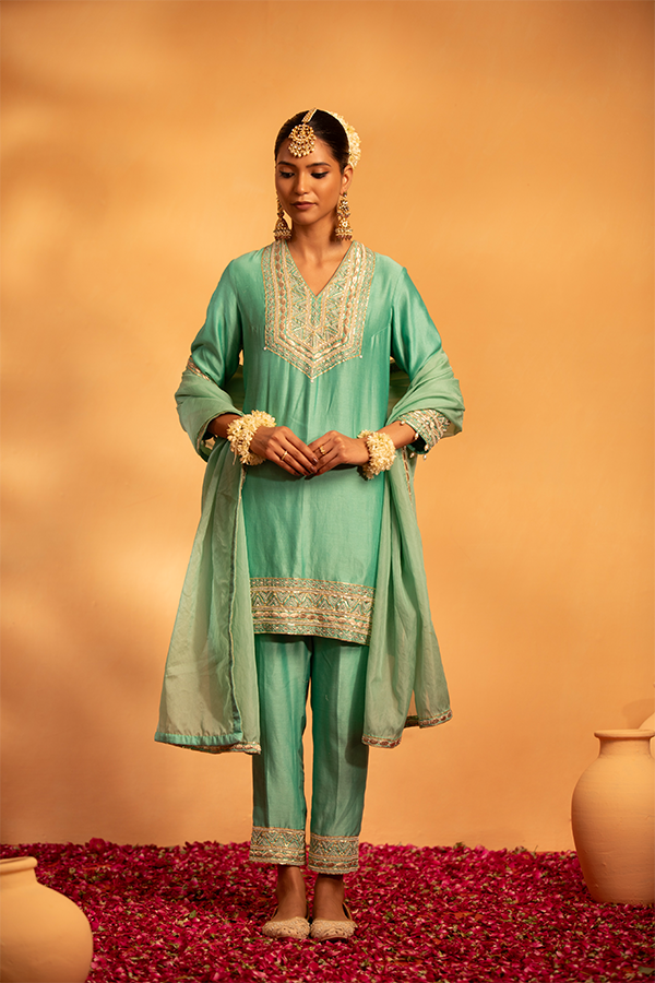 Serene Aqua Embroidered Suit Set