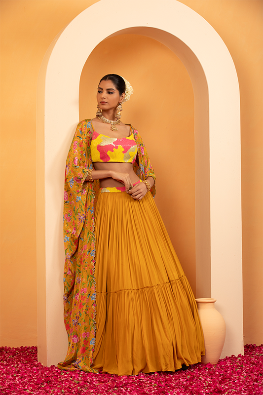 Golden Mirage Floral Cape Lehenga Set